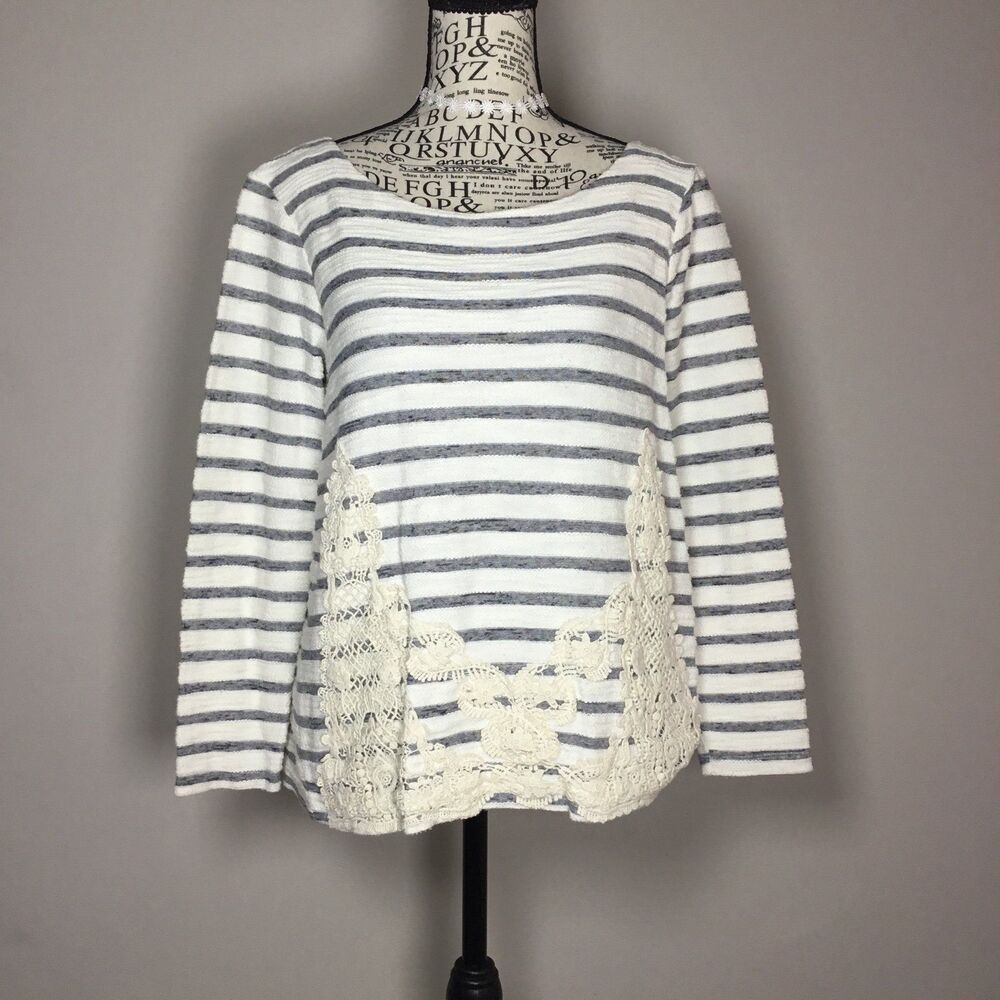 Blue white crochet coastal top long sleeve tie at back nautical classic top M